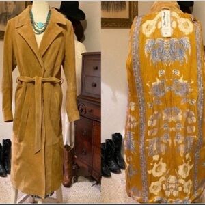 Free People Tan Trench Coat with Blue Embroidery
